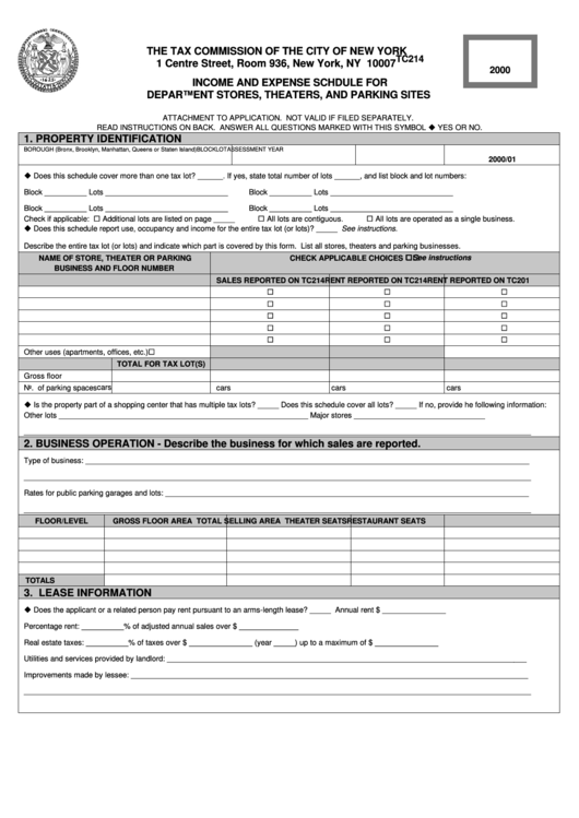 Form Tc214 - Income And Expense Schdule For Department Stores, Theaters, And Parking Sites - 2000 Printable pdf