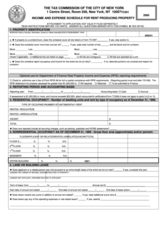 Form Tc201 - Income And Expense Schedule For Rent Producing Property - 2000 Printable pdf