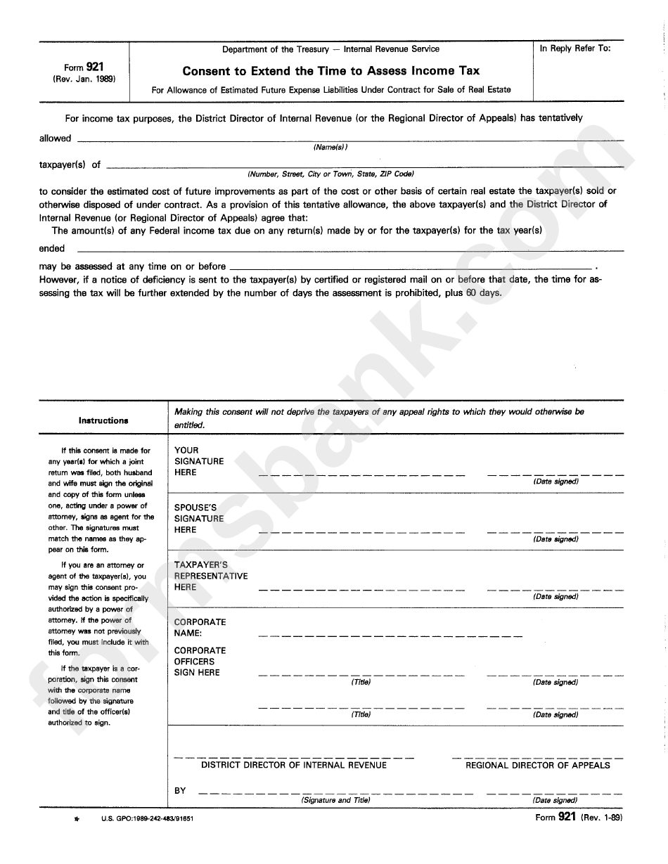Form 921 - Consent To Extend The Time To Assess Income Tax - Internal Revenue Service