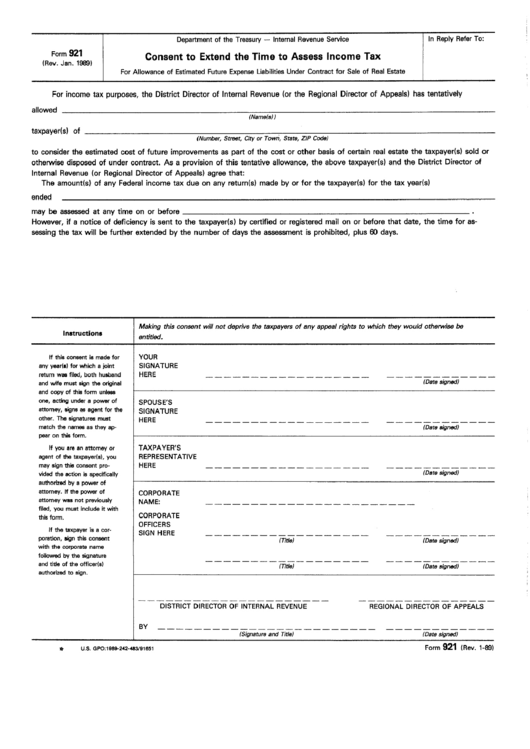 Form 921 - Consent To Extend The Time To Assess Income Tax - Internal Revenue Service Printable pdf