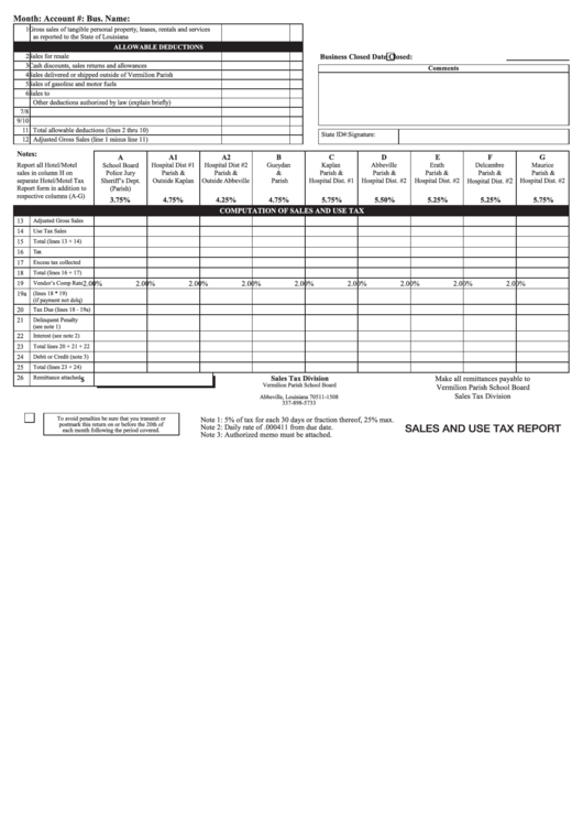 Sales And Use Tax Report - Vermilion Parish School Board Sales Tax Division Printable pdf
