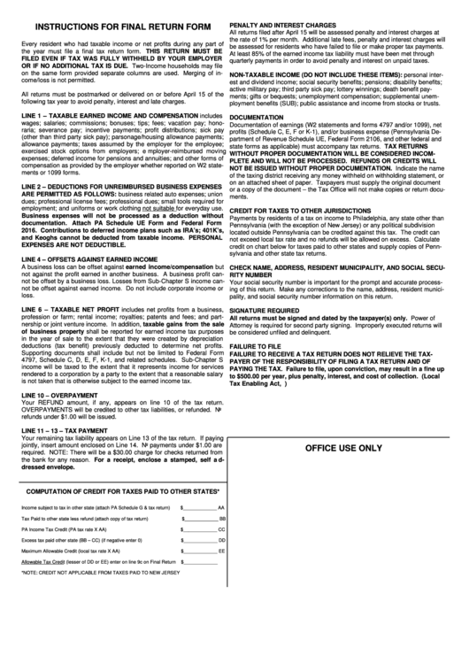 Instructions For Final Return Form - Pennsylvania Department Of Revenue Printable pdf