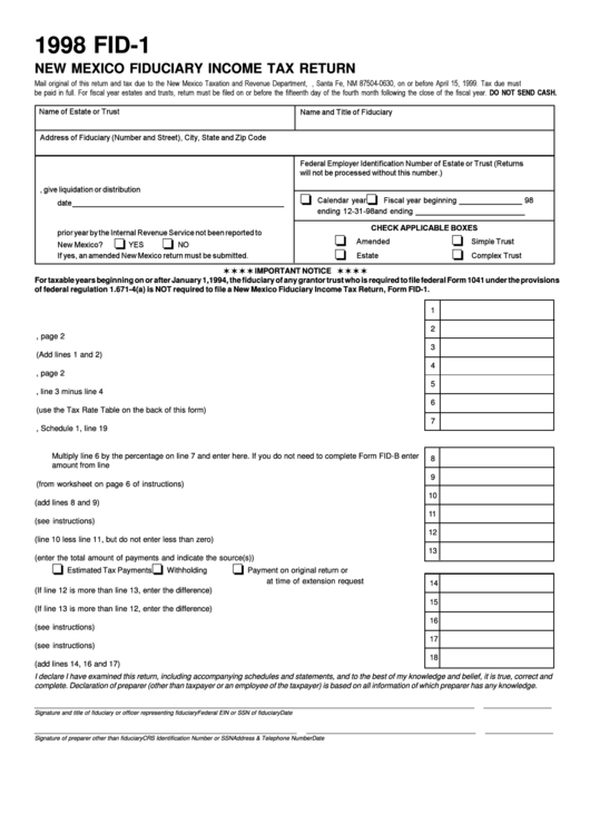 Fillable Form Fid-1 - New Mexico Fiduciary Income Tax Return - 1998 Printable pdf