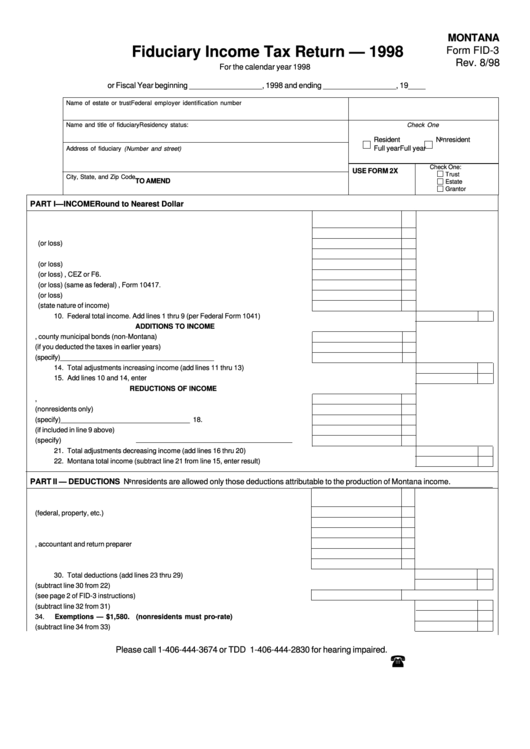Fillable Montana Form Fid-3 - Fiduciary Income Tax Return - 1998 Printable pdf