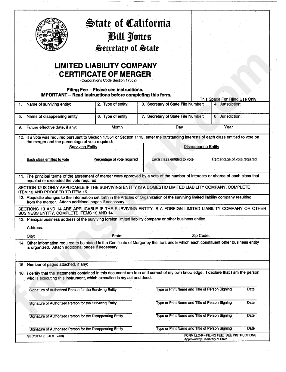 Limited Liability Company Certificate Of Merger Form - Secretary Of State - State Of California