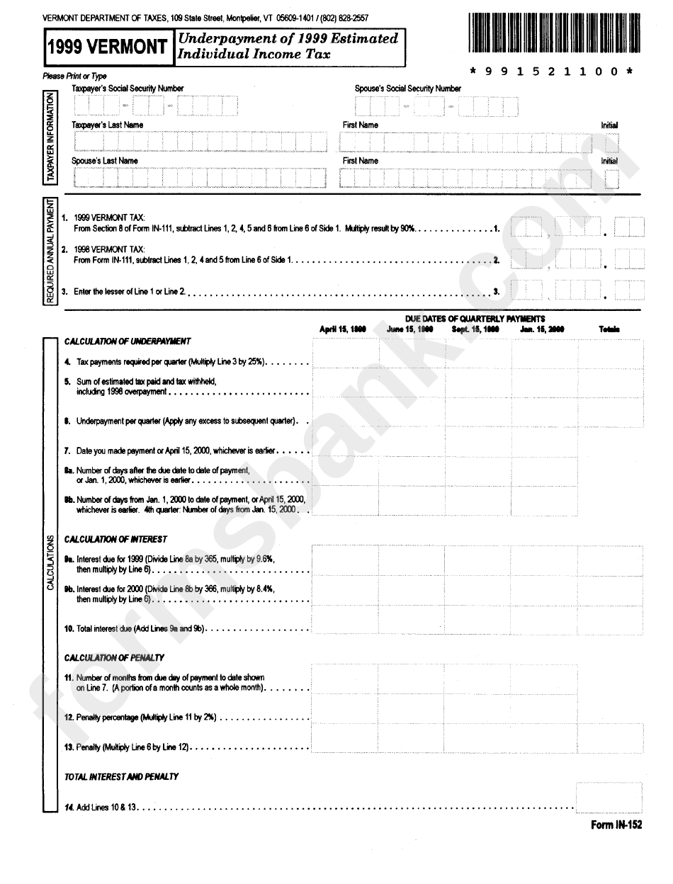 Form In-152 - Underpayment Of 1999 Estimated Individual Income Tax - 1999