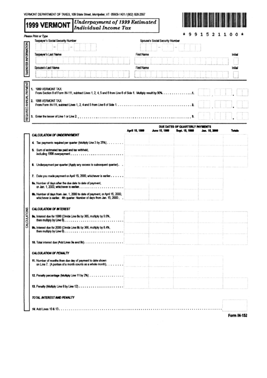 Form In-152 - Underpayment Of 1999 Estimated Individual Income Tax - 1999 Printable pdf
