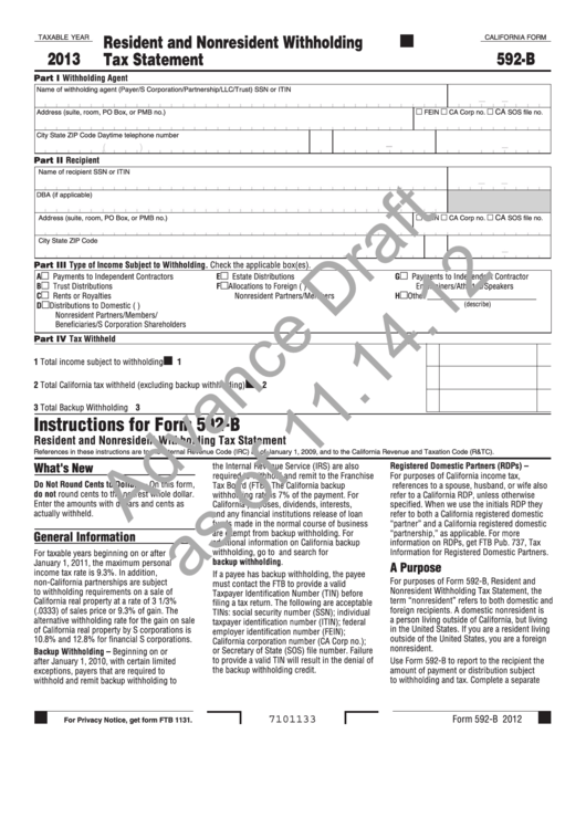 California Form 592-B Draft - Resident And Nonresident Withholding Tax Statement - 2013 Printable pdf