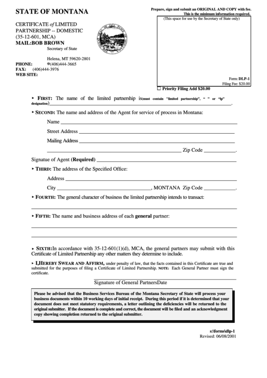 Form Dlp-1 - Certificate Of Limited Partnership - Domestic - State Of Montana Printable pdf