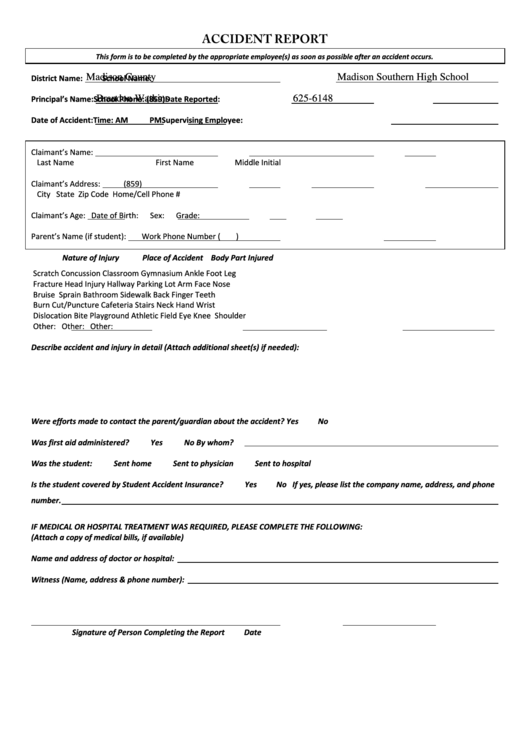 Fillable Accident Report Form Printable pdf