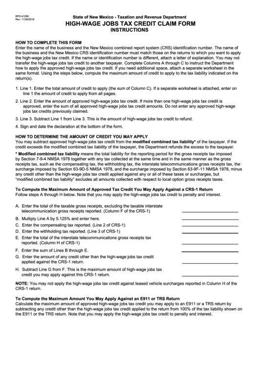 Form Rpd-41290 - High-Wage Jobs Tax Credit Claim Form Instructions Printable pdf
