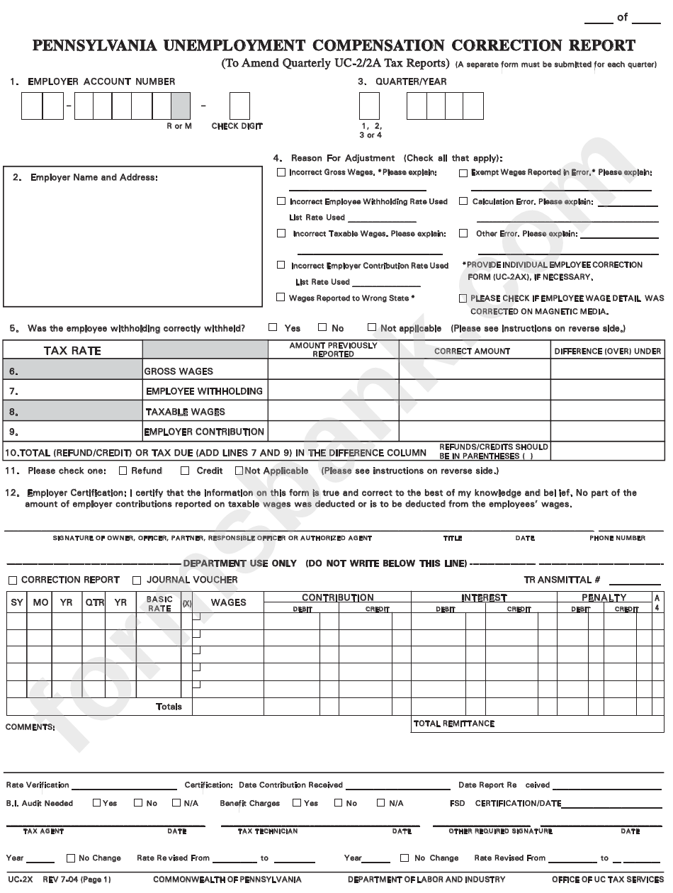 Form Uc-2x - Pennsylvania Unemployment Compensation Correction Report
