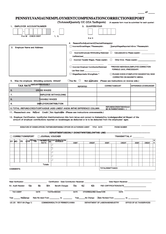 Form Uc-2x - Pennsylvania Unemployment Compensation Correction Report Printable pdf