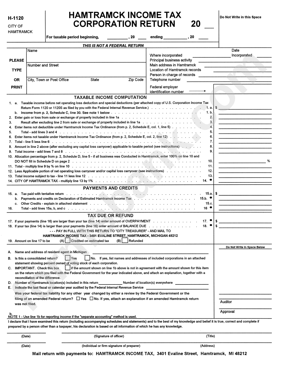 Form H1120 Hamtramck Tax Corporation Return printable pdf
