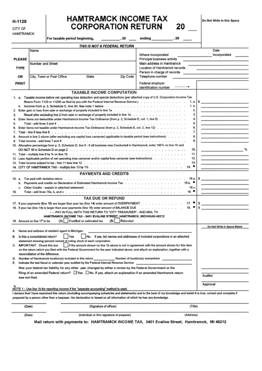 Form H-1120 - Hamtramck Income Tax Corporation Return Printable pdf