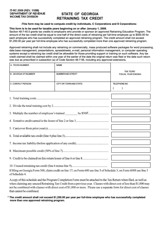 Fillable Form It-Rc - Retraining Tax Credit - 2009 Printable pdf