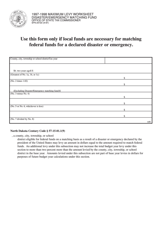 Fillable 1997-1998 Maximum Levy Worksheet Disaster/emergency Matching Fund Printable pdf