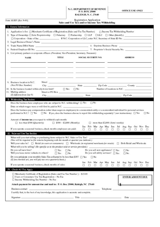 Fillable Form As/rpi - Sales And Use Tax And/or Income Tax Withholding - Registration Application - N. C. Department Of Revenue Printable pdf