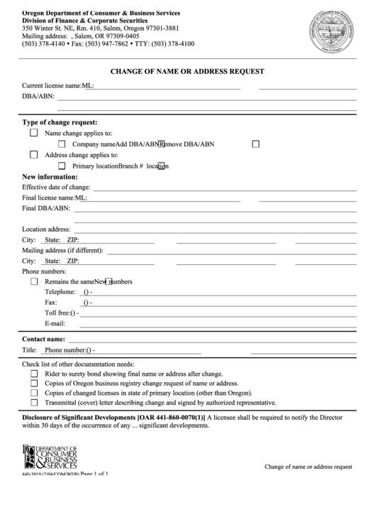 Change Of Name Or Address Request - Oregon Department Of Consumer & Business Services Printable pdf