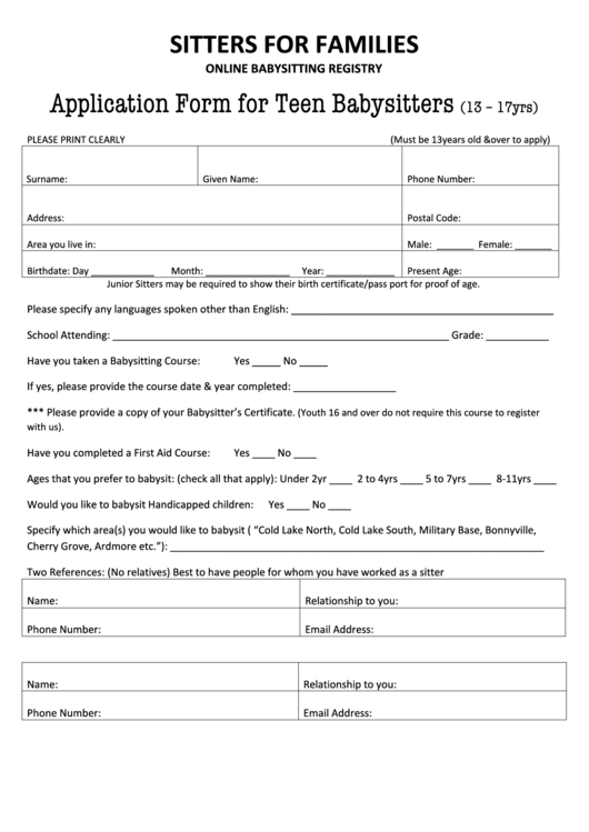 Application Form For Teen Babysitters (13 - 17yrs) Printable pdf