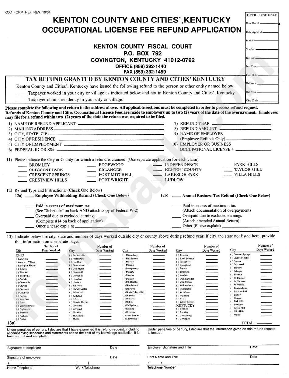 Occupational License Fee Refund Application Form - Kenton County And Cities