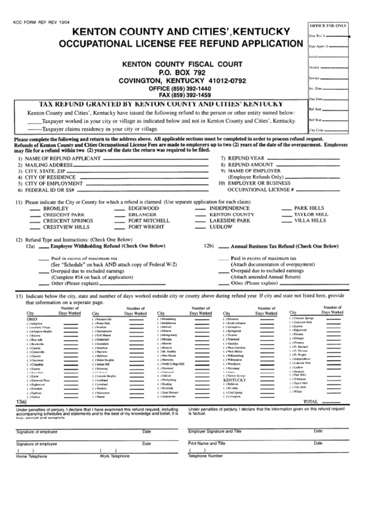 Occupational License Fee Refund Application Form - Kenton County And Cities Printable pdf