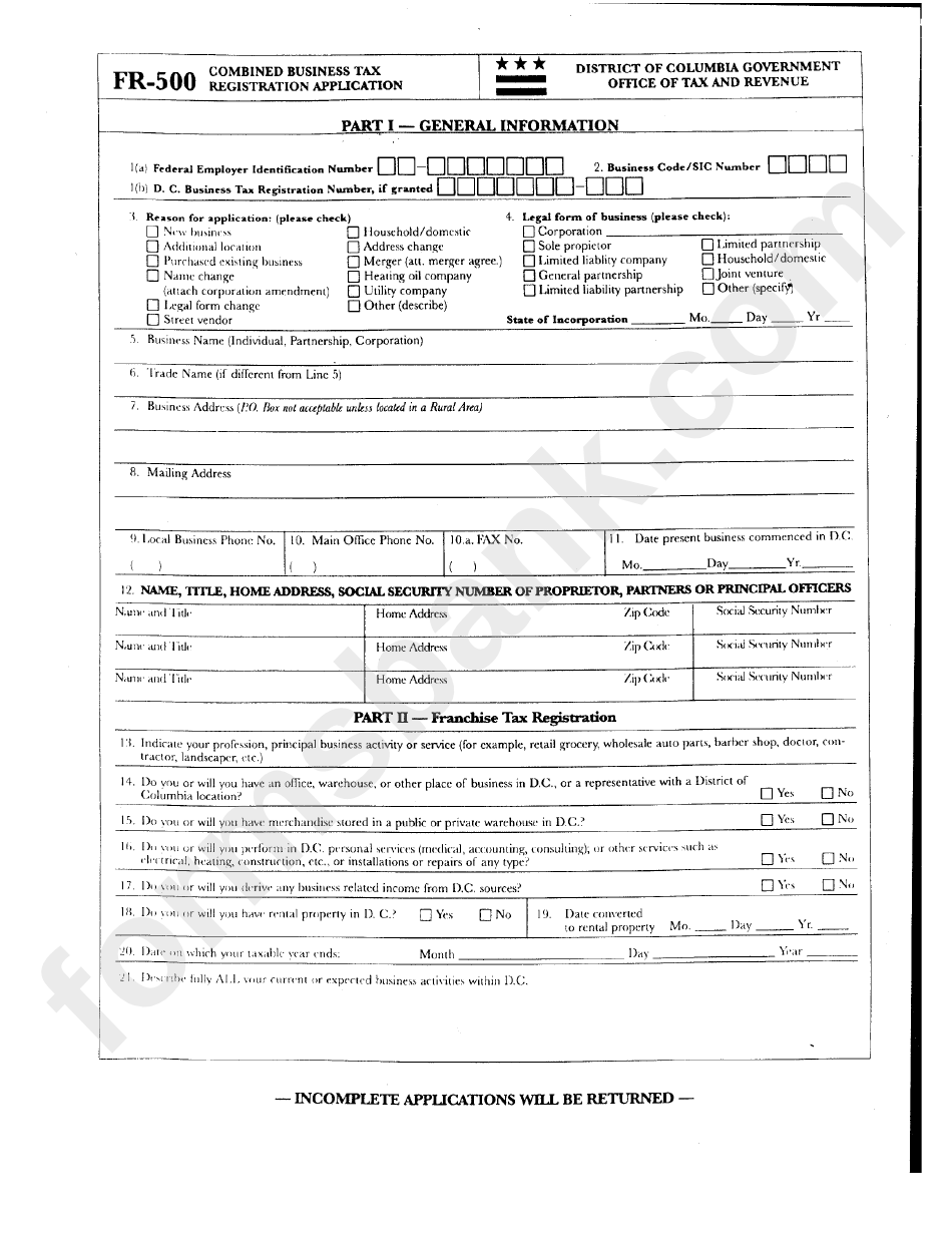 Fillable Form Fr 500 Combined Business Tax Registration Application 