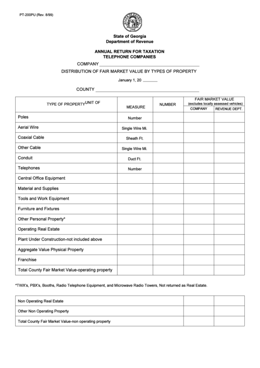 Form Pt-200pu - Annual Return For Taxation Telephone Companies Printable pdf