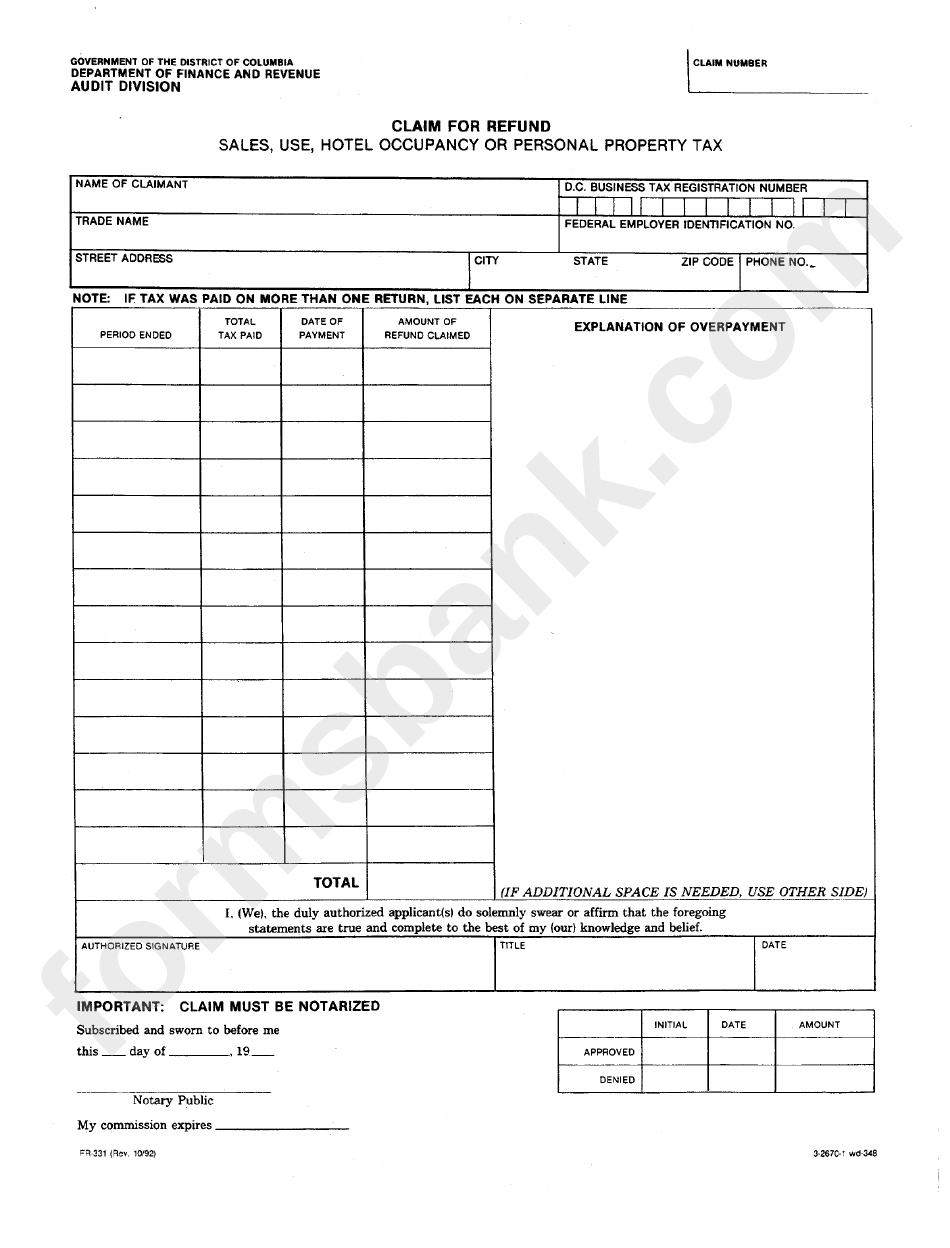 Fillable Form Fr-331 - Claim For Refund - Sales, Use, Hotel Occupancy ...