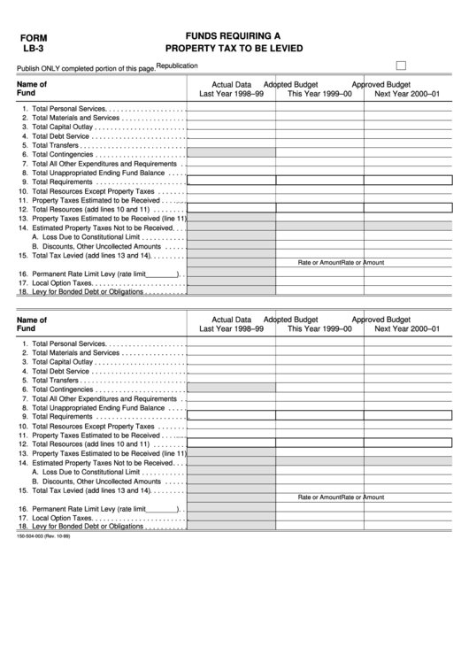 Fillable Form Lb-3 - Funds Requiring A Property Tax To Be Levied Printable pdf