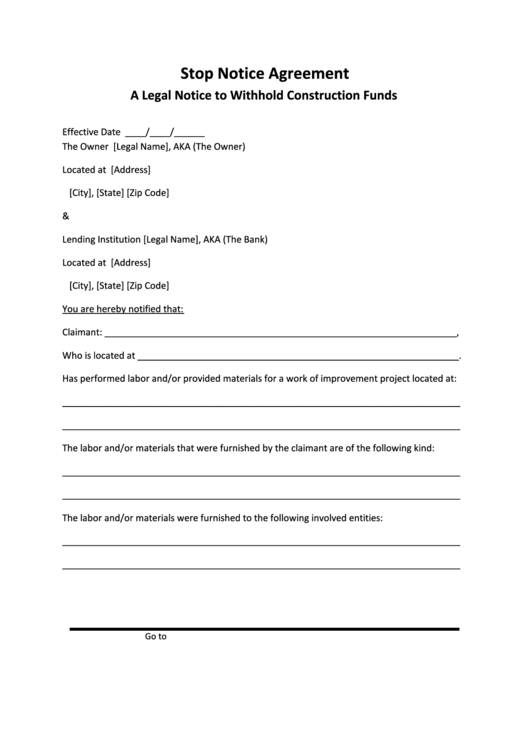 Stop Notice Agreement Form - A Legal Notice To Withhold Construction Funds Printable pdf