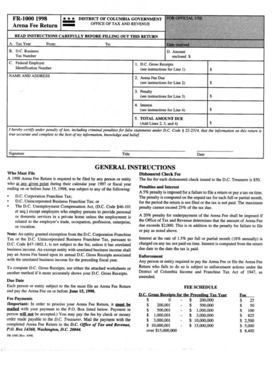 Fillable Form Fr-1000 - Arena Fee Return - 1998 Printable pdf
