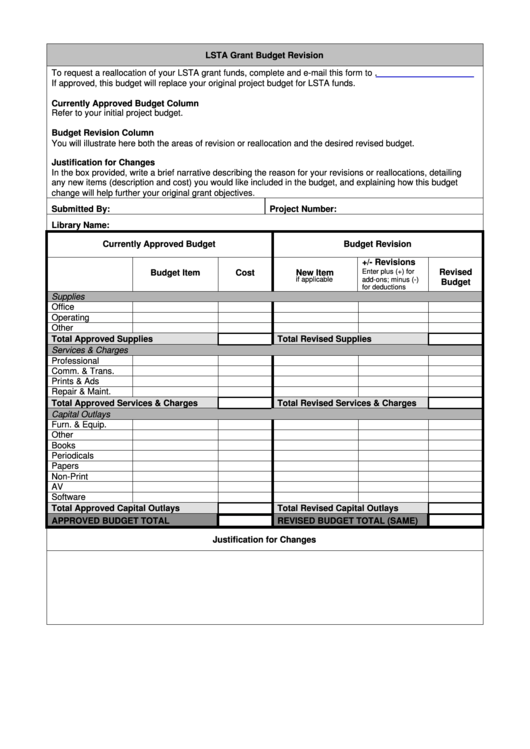 Budget Change Request - Lsta Grant Budget Revision Printable pdf