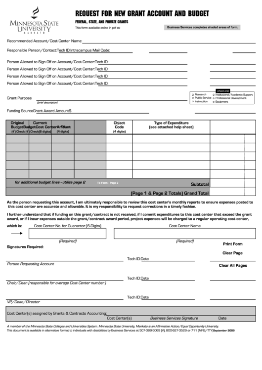 Fillable Request For New Grant Account And Budget Printable pdf