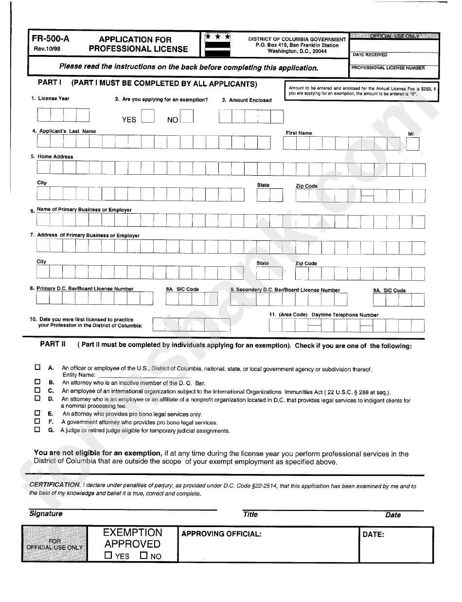 Form Fr-500-A - Application For Professional License