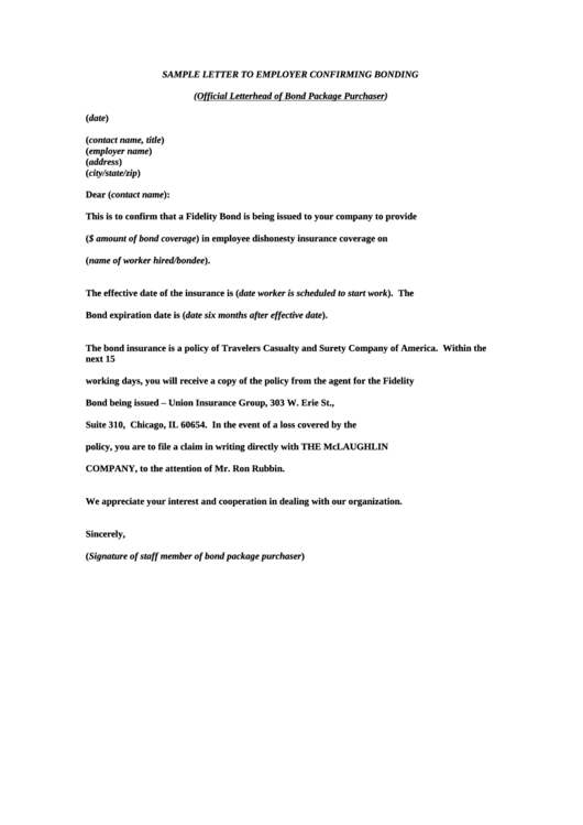 Sample Letter To Employer Confirming Bonding Printable pdf