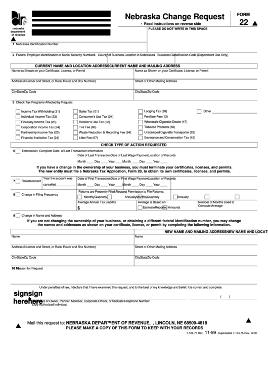 Form 22 - Nebraska Change Request Printable pdf
