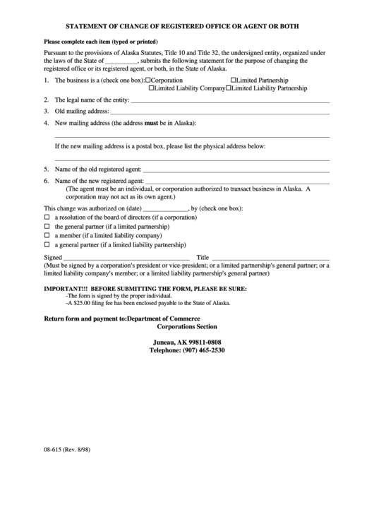 Form 08-615 - Statement Of Change Of Registered Office Or Agent Or Both Printable pdf