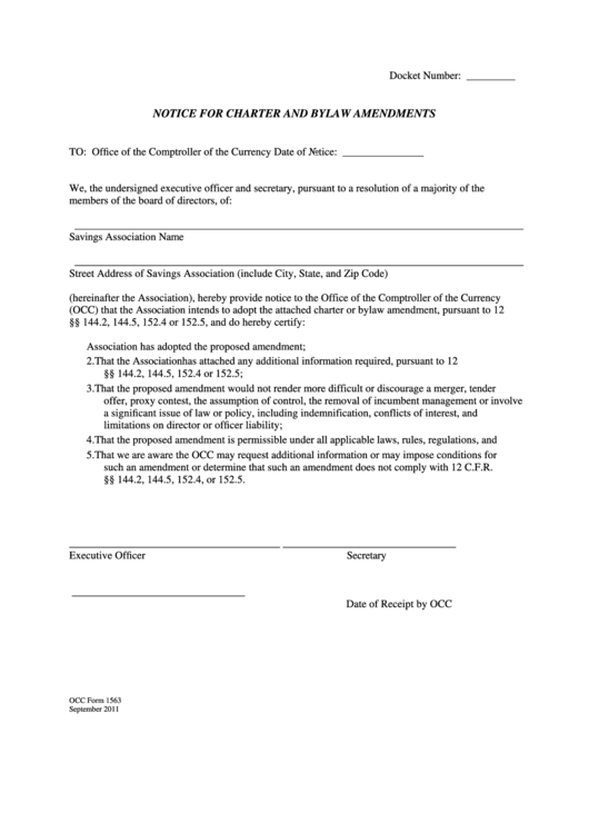 Occ Form 1563 - Notice For Charter And Bylaw Amendments Printable pdf