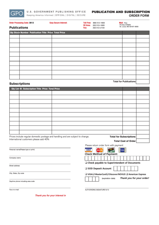 Publication And Subscription Order Form - U.s. Government Publishing Office (Gpo) Printable pdf