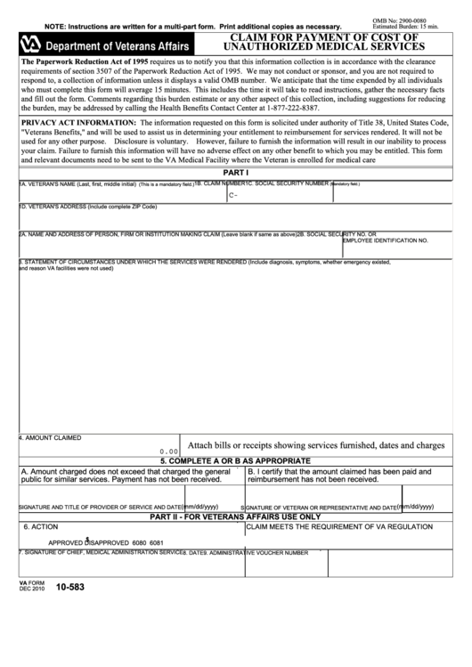 Fillable Va Form 10-583 - Claim For Payment Of Cost Of Unauthorized Medical Services Printable pdf