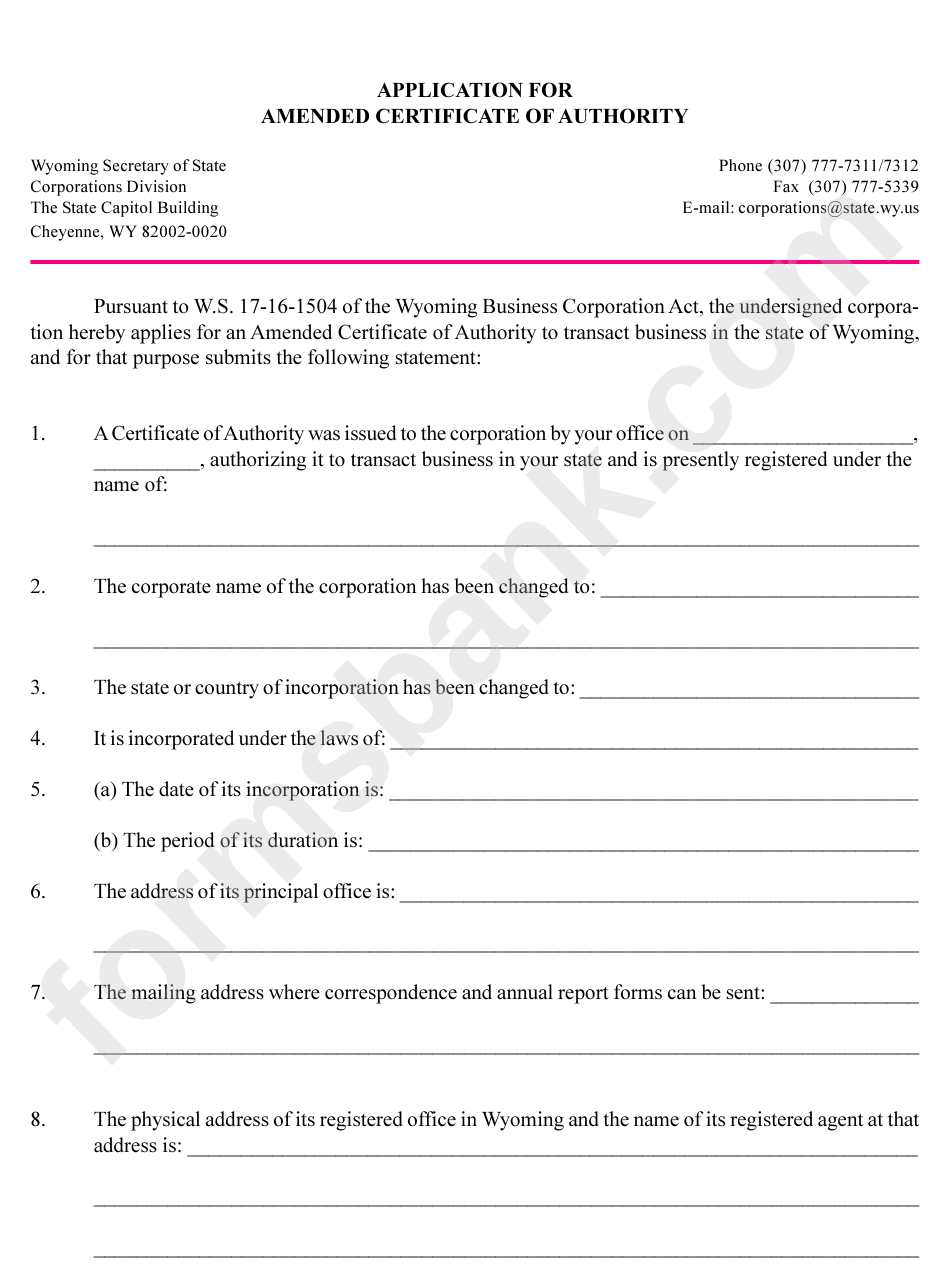 Fillable Application For Amended Certificate Of Authority Printable Pdf Download 9598