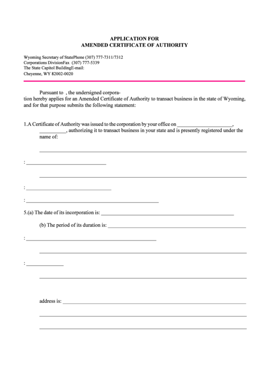 Fillable Application For Amended Certificate Of Authority Printable pdf