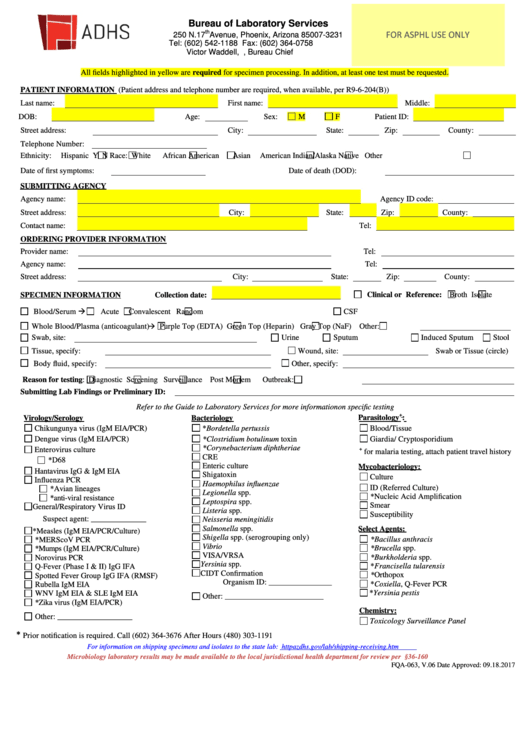 Form Fqa-063 - Microbiology Submission - Arizona Department Of Health Services