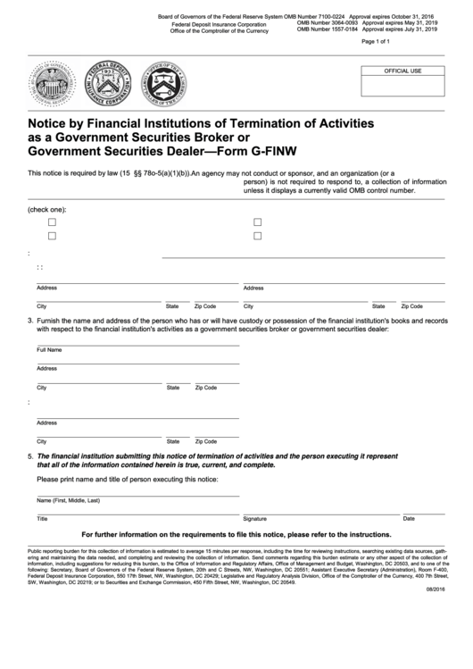 Form G-finw - Notice By Financial Institutions Of Termination Of Activities As A Government Securities Broker Or Government Securities Dealer