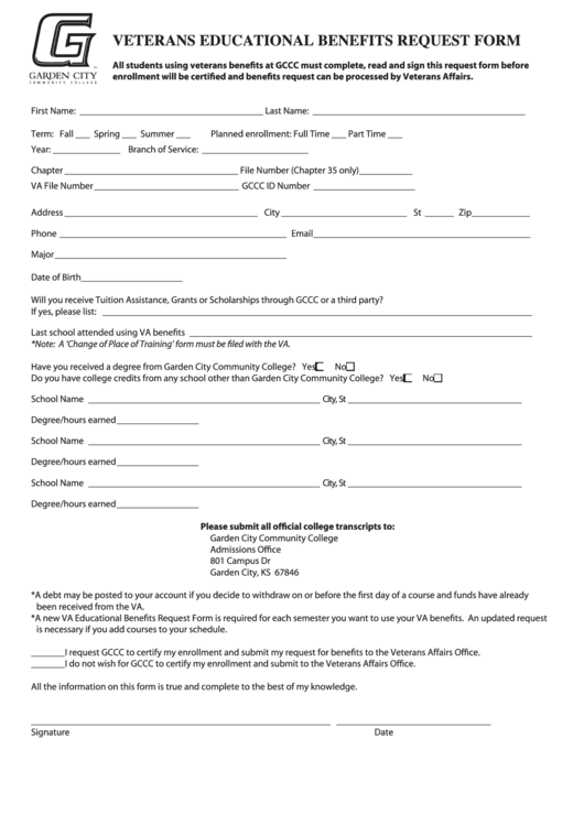 Fillable Veterans Educational Benefits Request Form Printable pdf