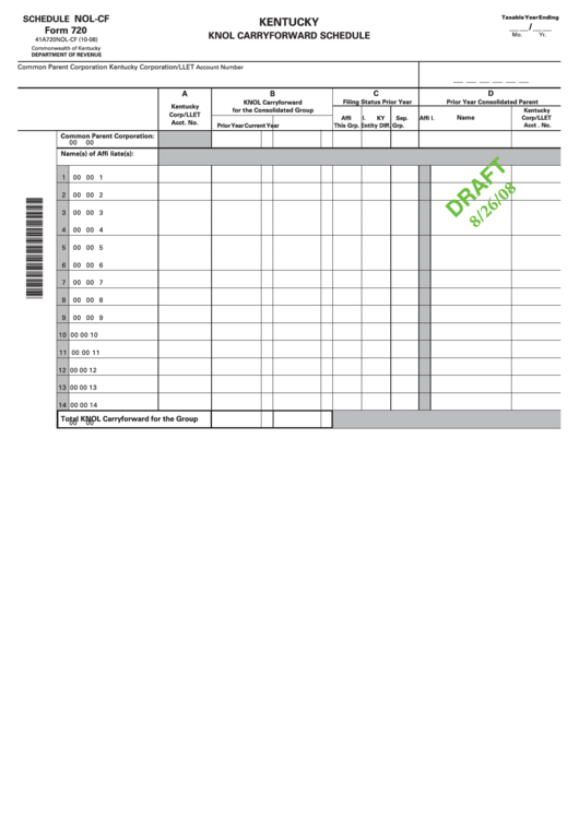 Form 720 - Schedule Nol-Cf - Kentucky Knol Carryforward Schedule (Draft) Printable pdf