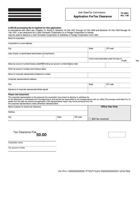 Form Tc-2001 - Application For Tax Clearance Printable pdf