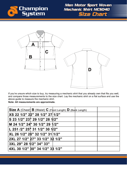 Mechanic Shirt Size Chart Printable pdf
