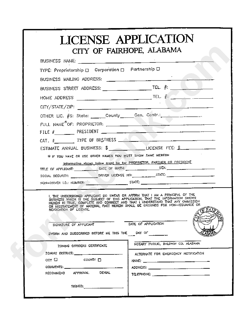 License Application Form - City Of Fairhope, Alabama